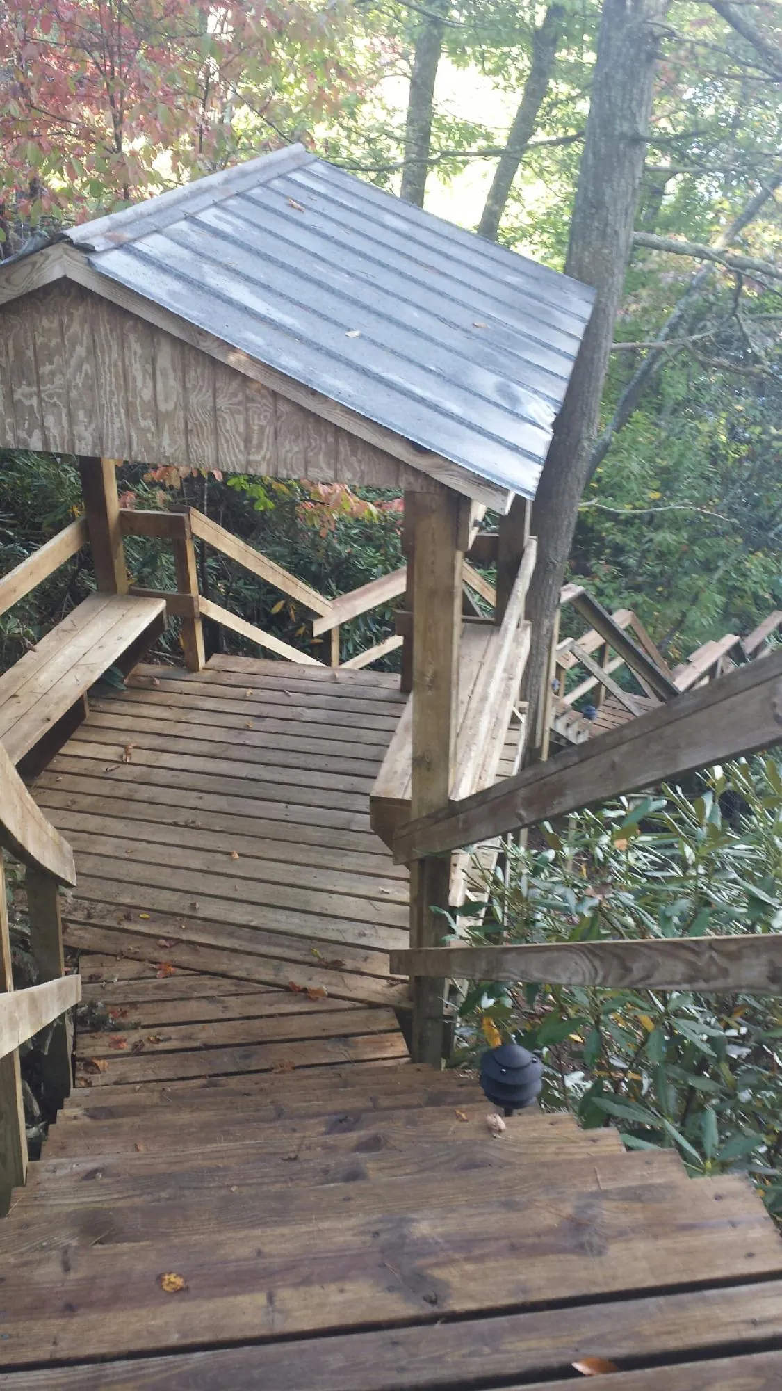 Metal roofed shelter over wooden steps on a wooded walkway — Skylight Repair & Installation work by our crew in Baker